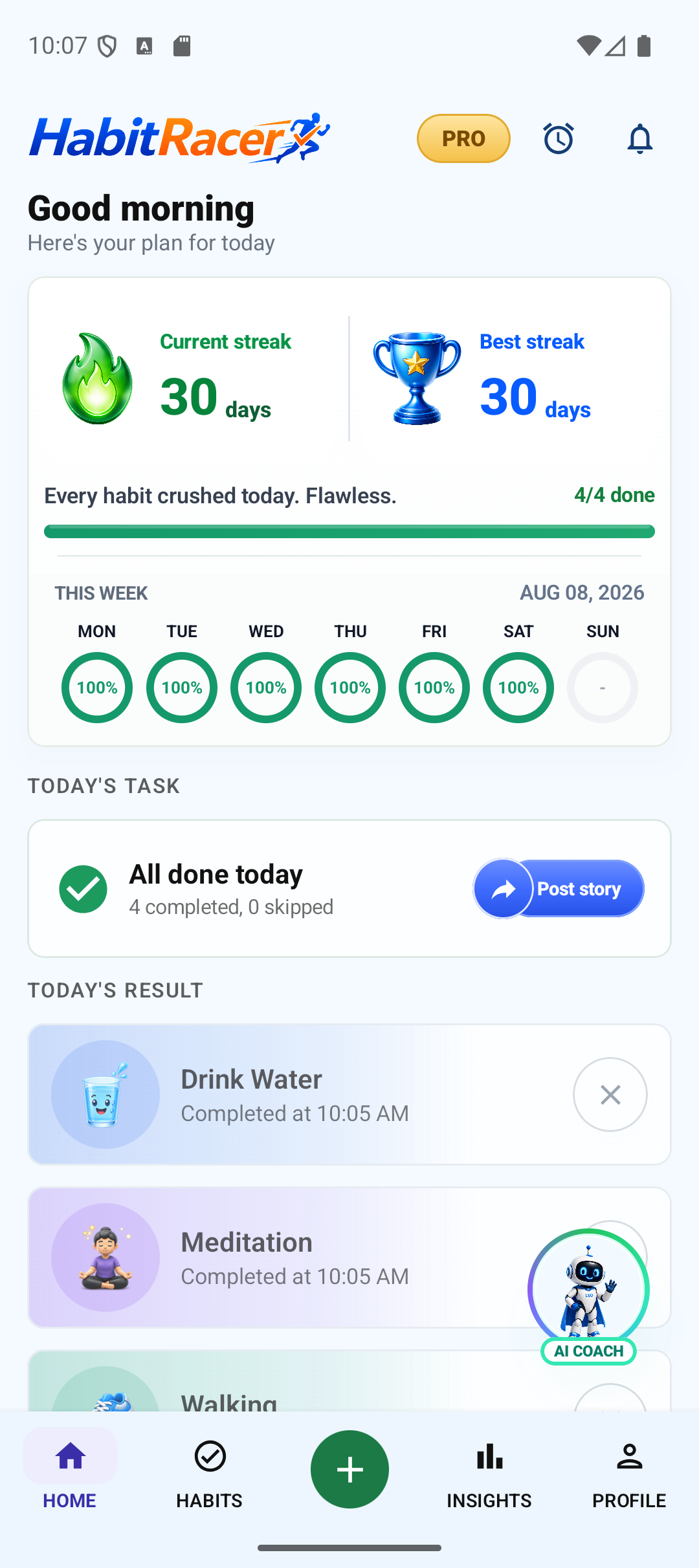 HabitRacer habit list and streak screen