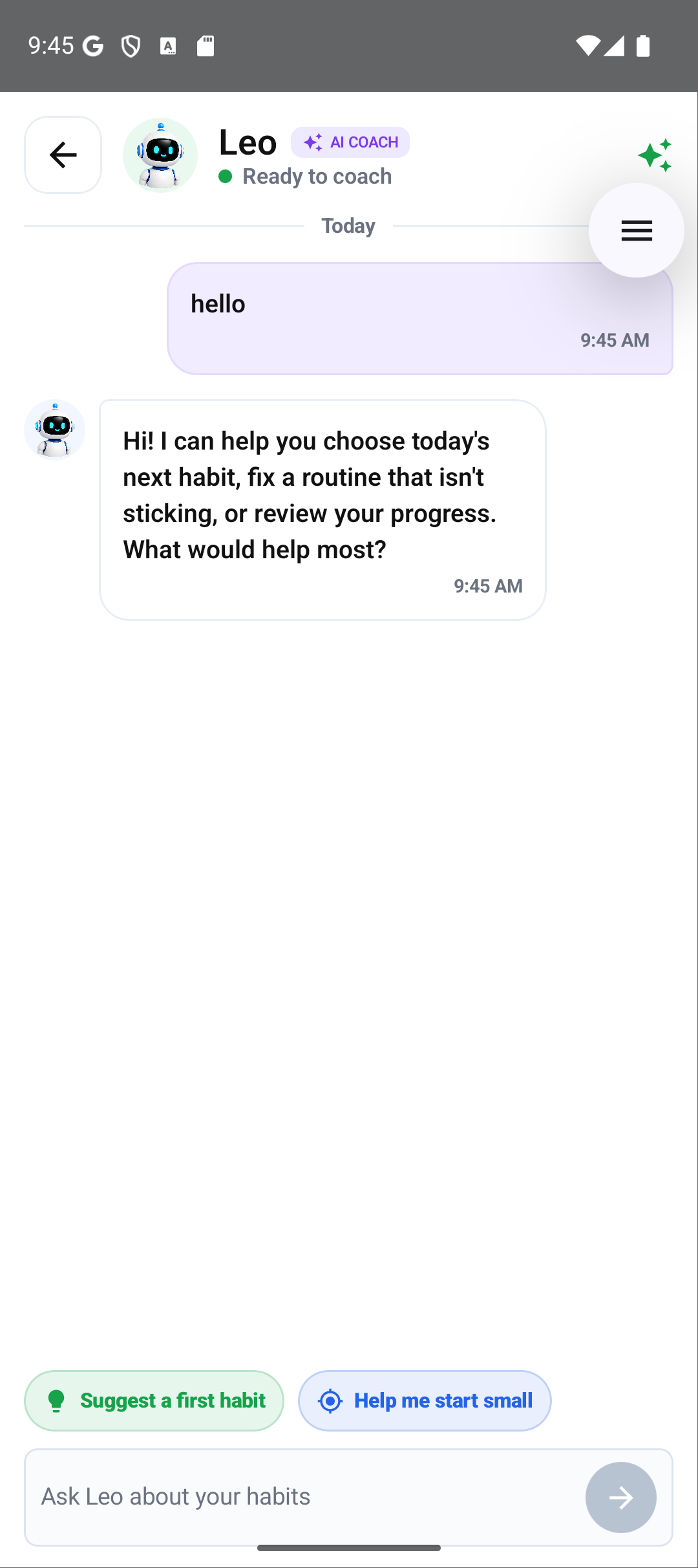 Leo AI coach chat screen